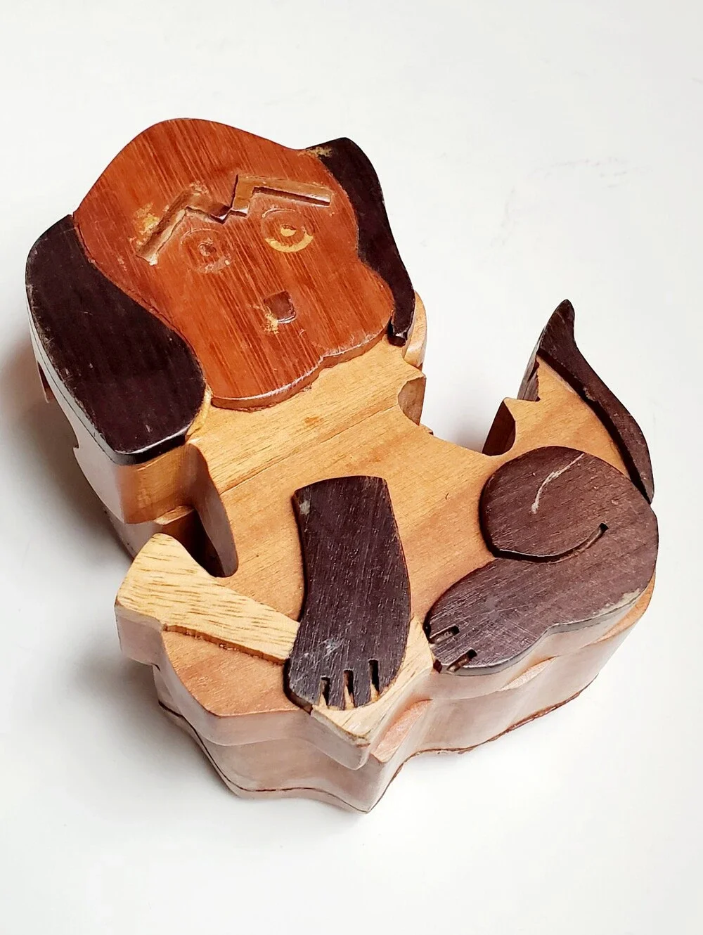 Vintage Handcrafted Trinket Wood Puzzle Keepsake Dog Box